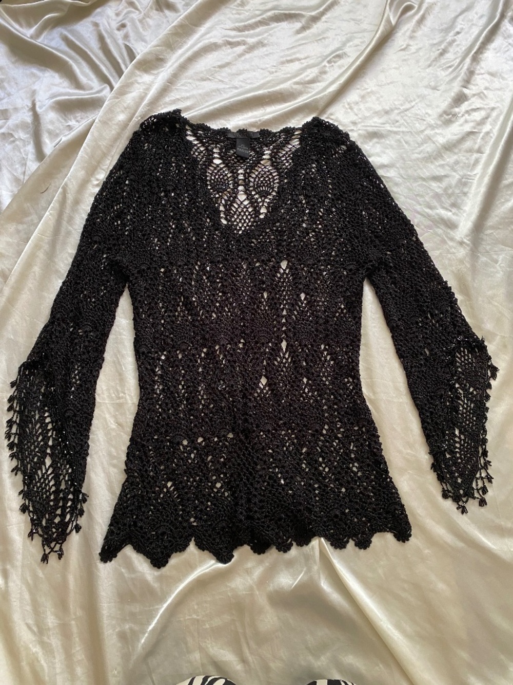 Vintage y2k Black Crochet Beaded Bell Sleeve Top Whimsygoth Fairy XL